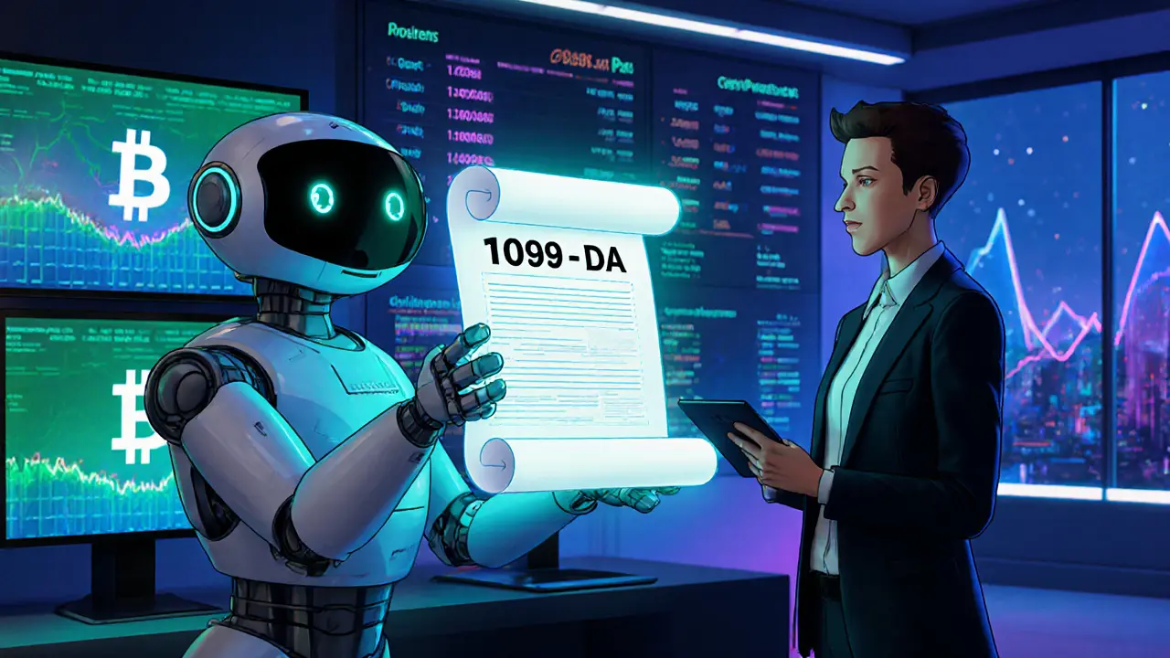 Friendly robot delivers a glowing Form 1099‑DA to a crypto exchange desk in a Pixar-inspired illustration.