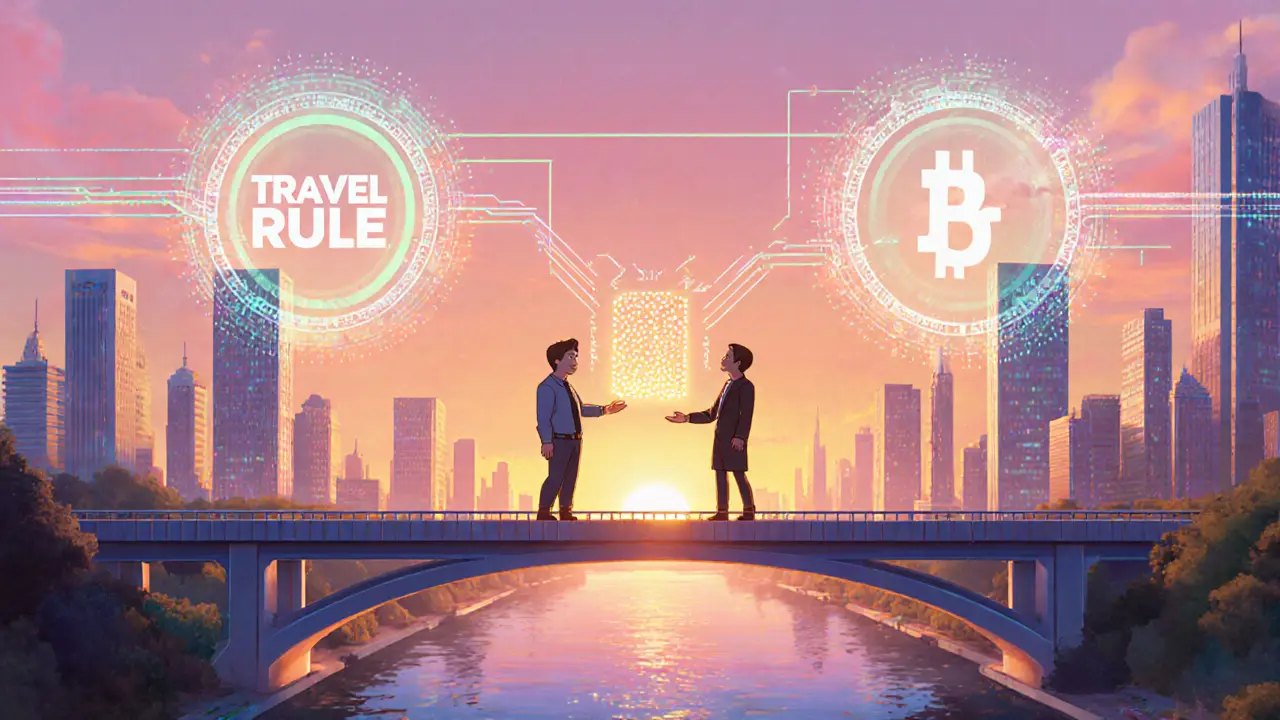 Futuristic city showing Travel Rule data streams, ZKP shields, and compliant DeFi.