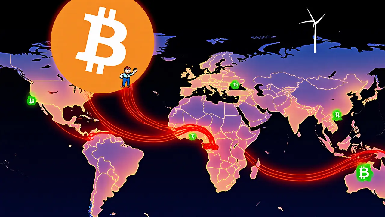 Global map showing hash rate flowing from Kazakhstan to U.S. and Canada with glowing energy streams.