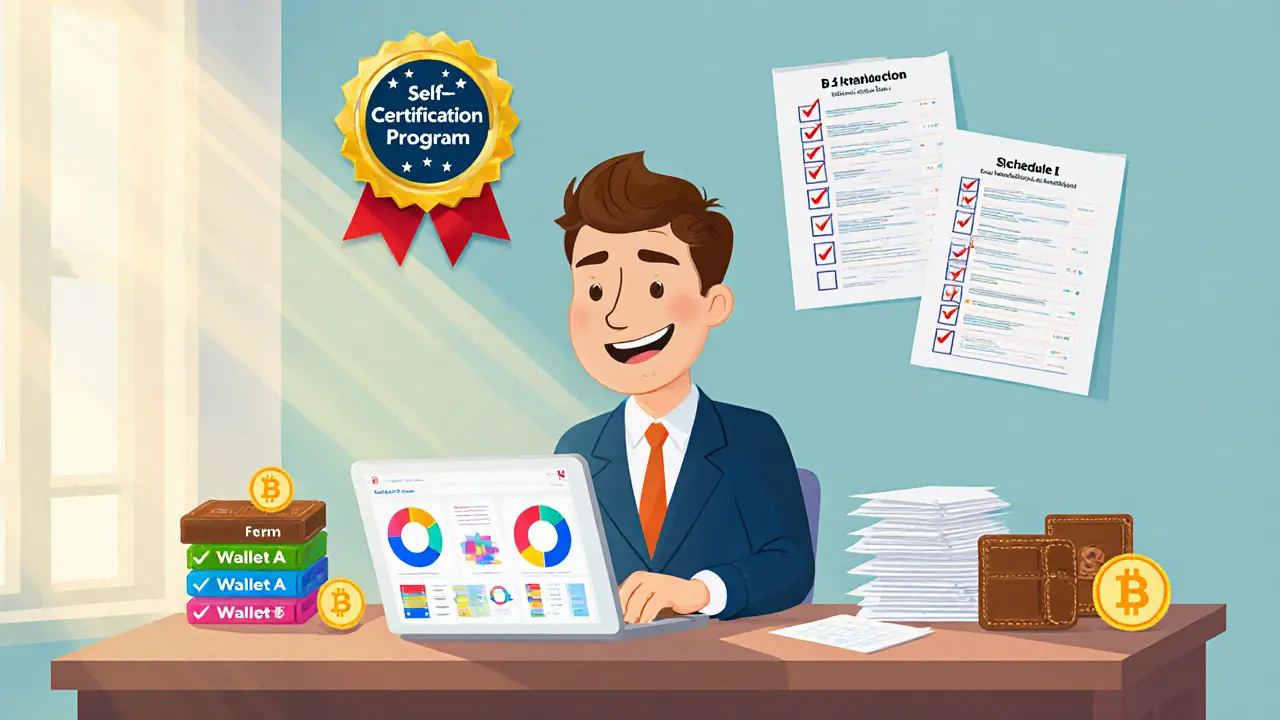 Happy crypto investor using tax software, surrounded by wallets and checked compliance checklist.