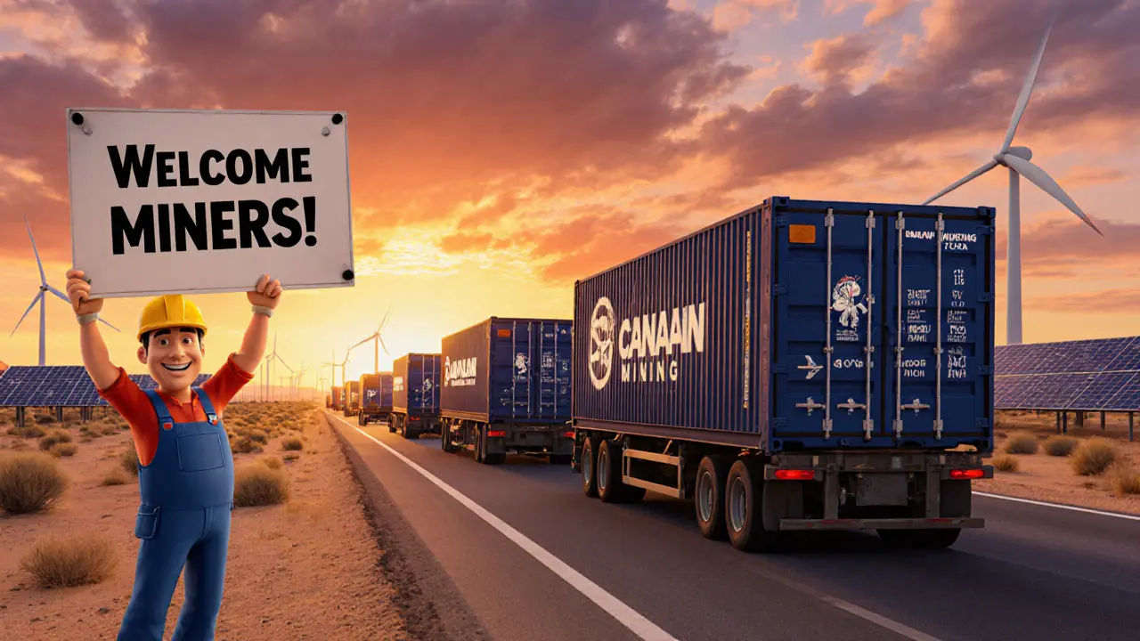 Shipping containers with miners traveling to Texas, solar panels and wind turbines glowing ahead.