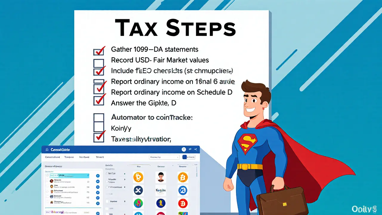 Superhero tax advisor points to a giant compliance checklist with an automated crypto dashboard, Pixar style.