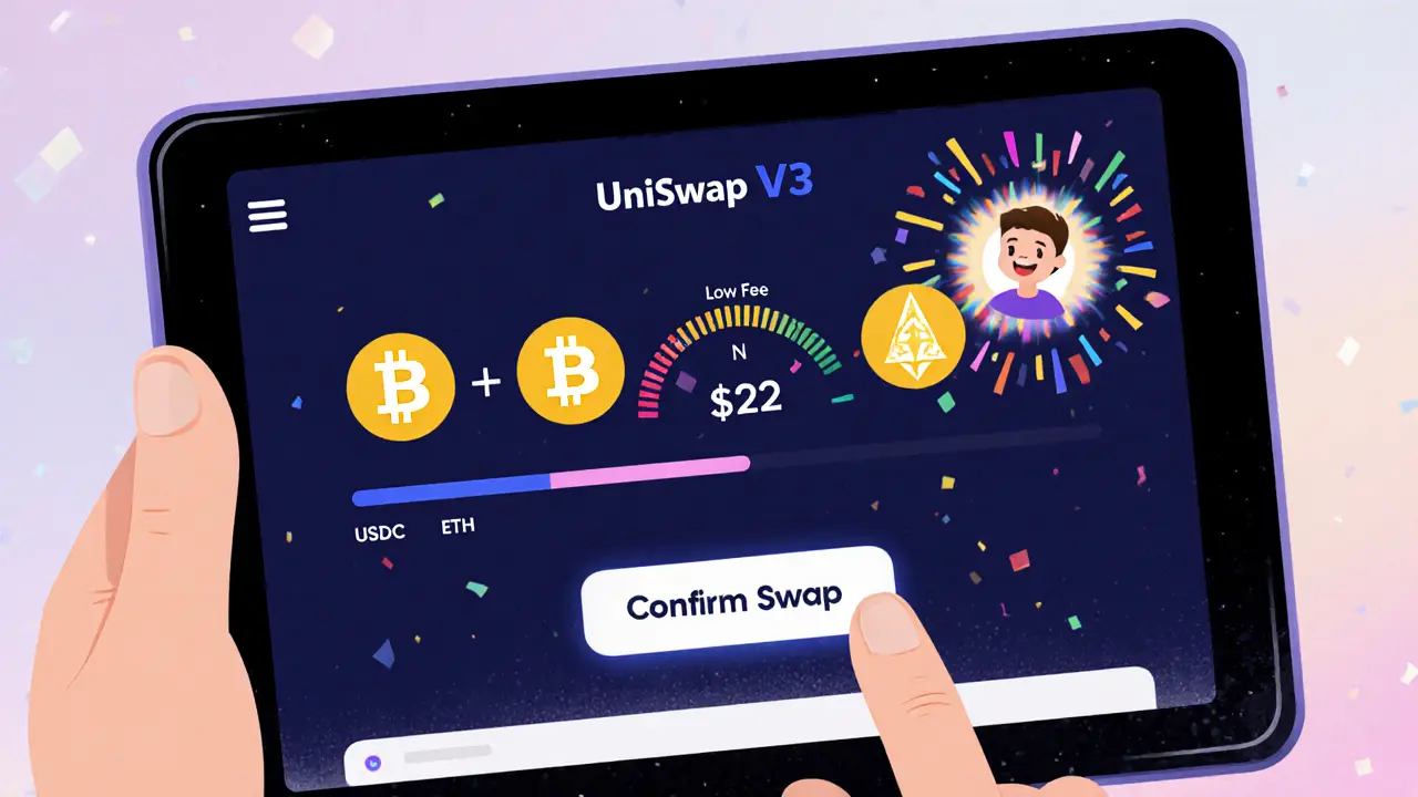 Tablet UI showing USDC to ETH swap on Uniswap V3 with low gas fee and celebratory confetti.