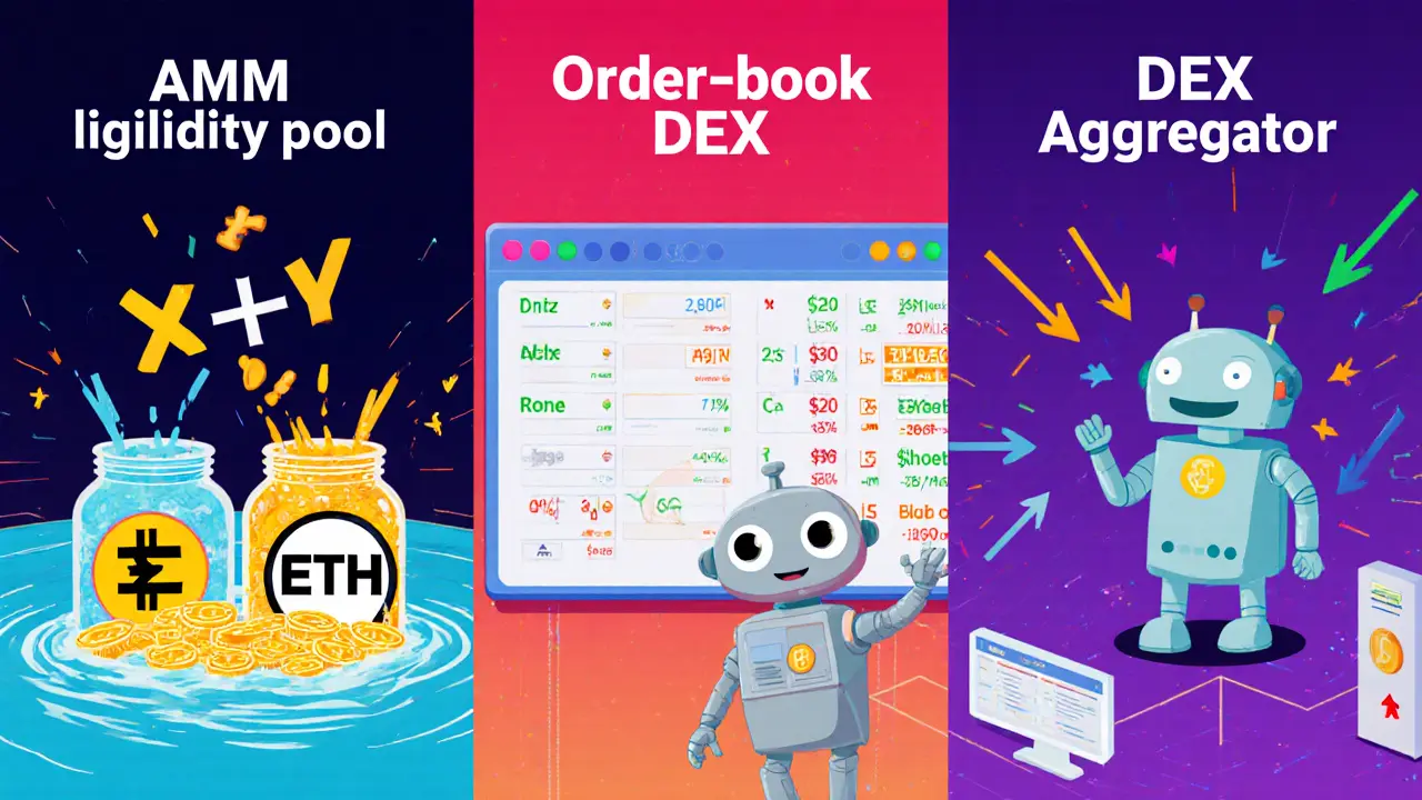 Three cartoon panels: AMM token pool, order‑book board, and aggregator routing robot.