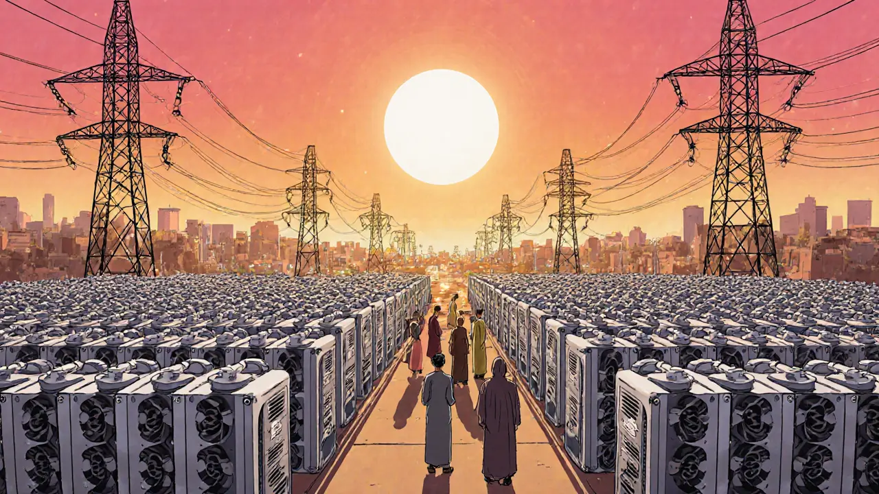 A large Bitcoin mining farm under bright sun, with power lines leading to a city experiencing blackouts.