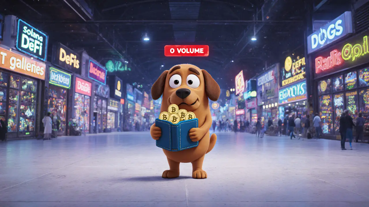A lonely dog holds a dim wallet in a bustling crypto marketplace while other projects thrive nearby.