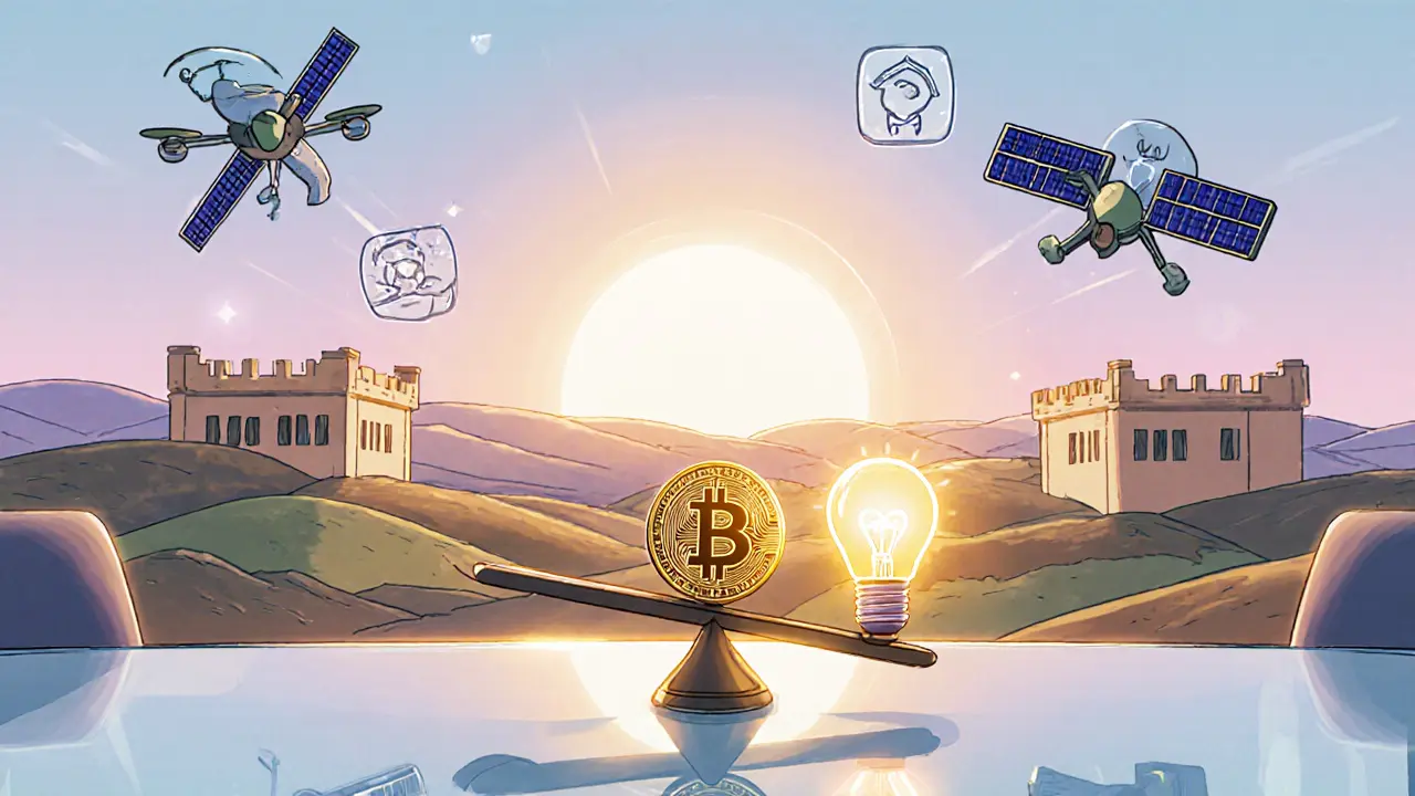 A scale balancing a Bitcoin coin and a light bulb, with new farms and a sunrise in the background.