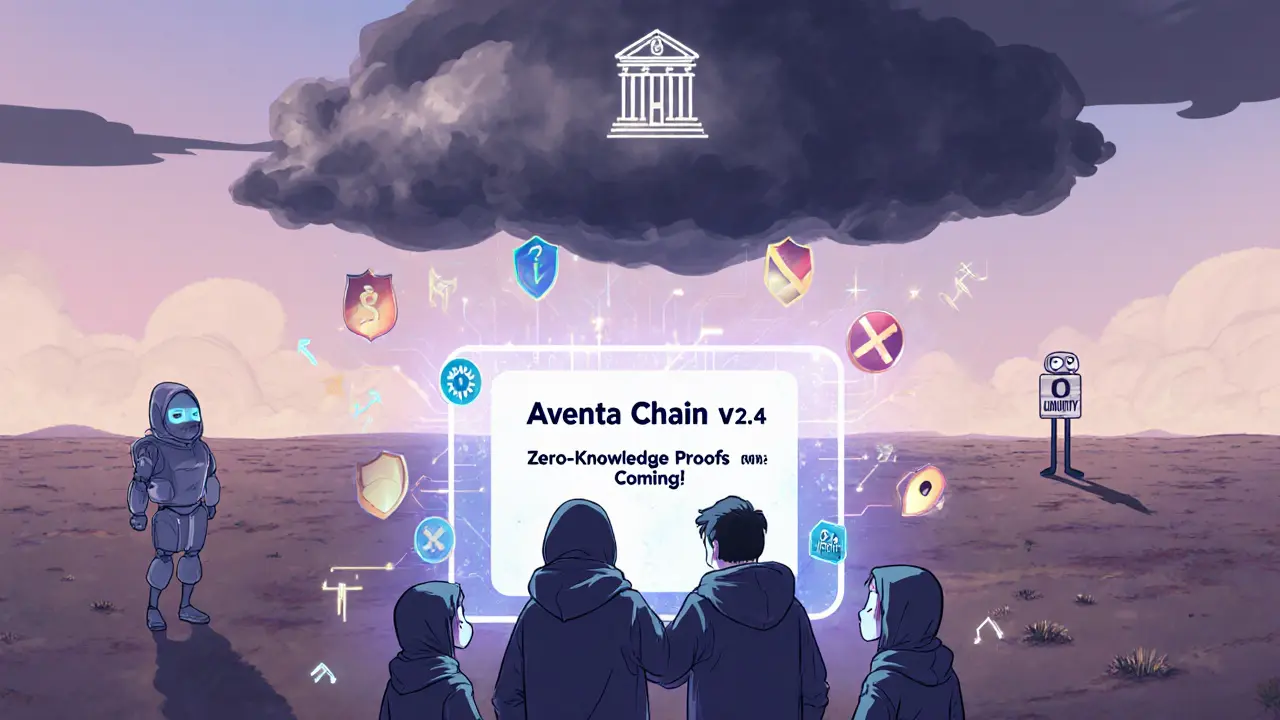 A small team of developers reviewing a blockchain upgrade as a regulatory shadow looms over a deserted digital landscape.