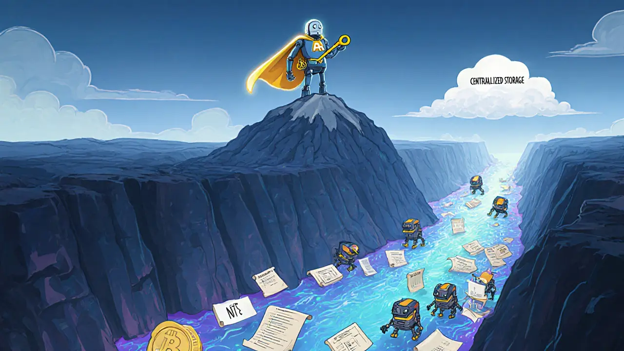 A wise robot stands atop a mountain of permanent data, holding a golden key as files flow into an infinite blockweave canyon.