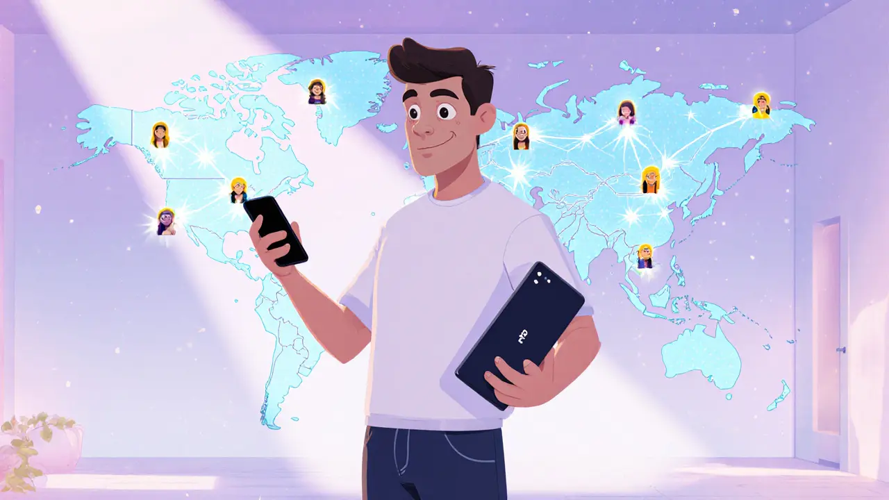 Adult holding a phone and hardware wallet with holographic network symbols.