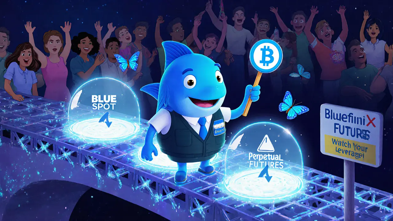 An anthropomorphic bluefin fish trading crypto on a data bridge, activating three interactive finance portals.