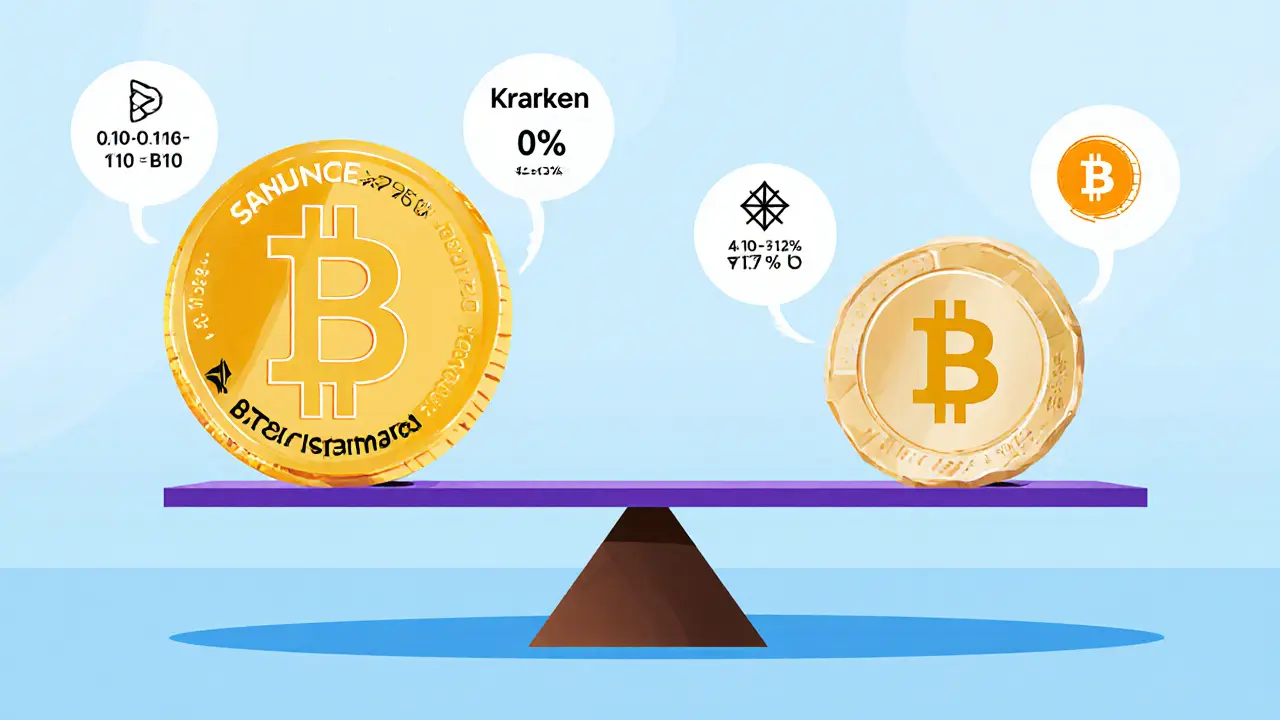 Balance scale compares SatoExchange fees to Binance and Kraken with percentage labels.