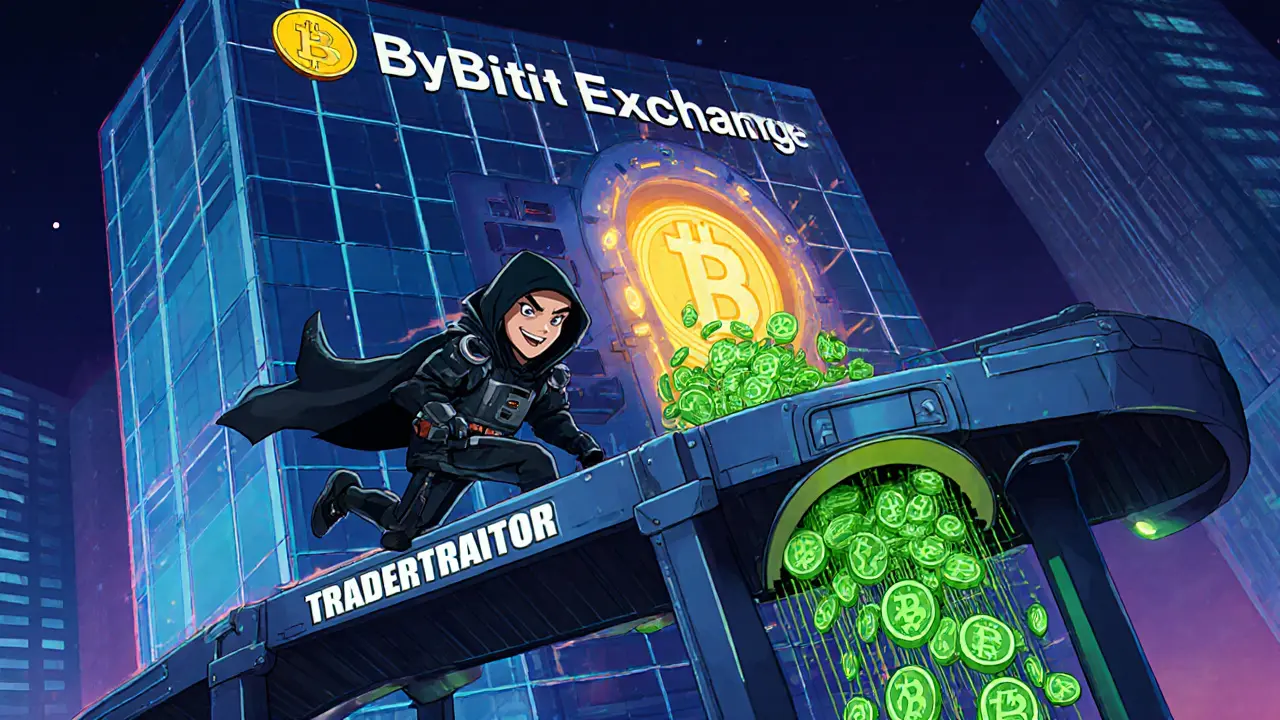 ByBit exchange building with a hacker siphoning glowing crypto coins from a cold wallet.
