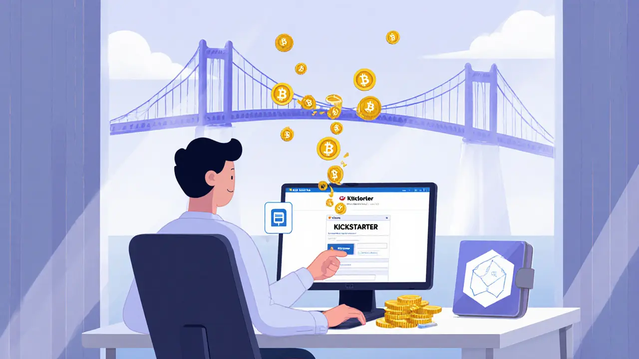 Cartoon character claiming SCH tokens on a laptop, tokens moving onto a wallet and bridge.