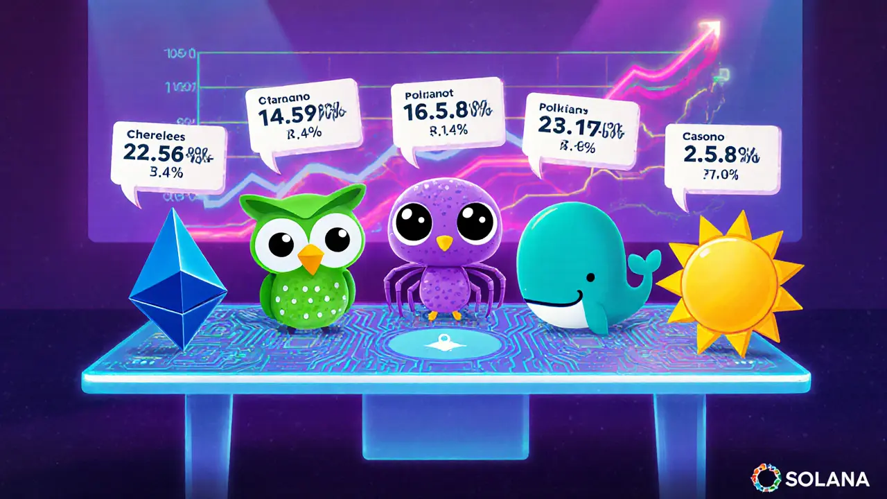 Cartoon mascots of Ethereum, Cardano, Polkadot, Cosmos, and Solana show their APR rates.