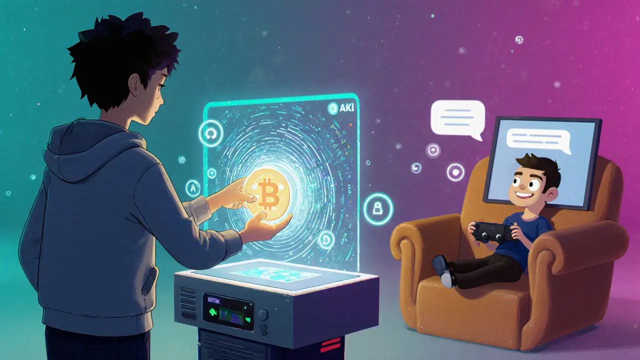 Developer stakes AIV token to unlock AI SDK while player watches VTuber AI persona.