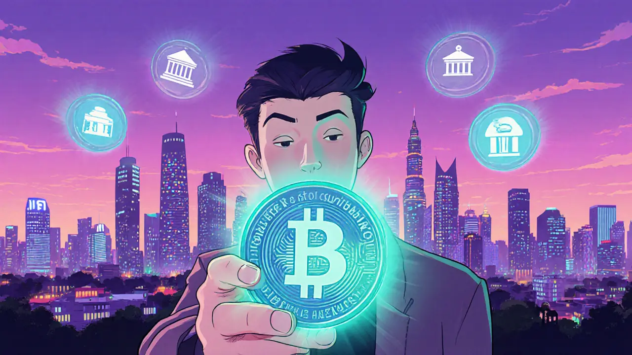 Entrepreneur holds a glowing stablecoin under a futuristic Jakarta skyline.