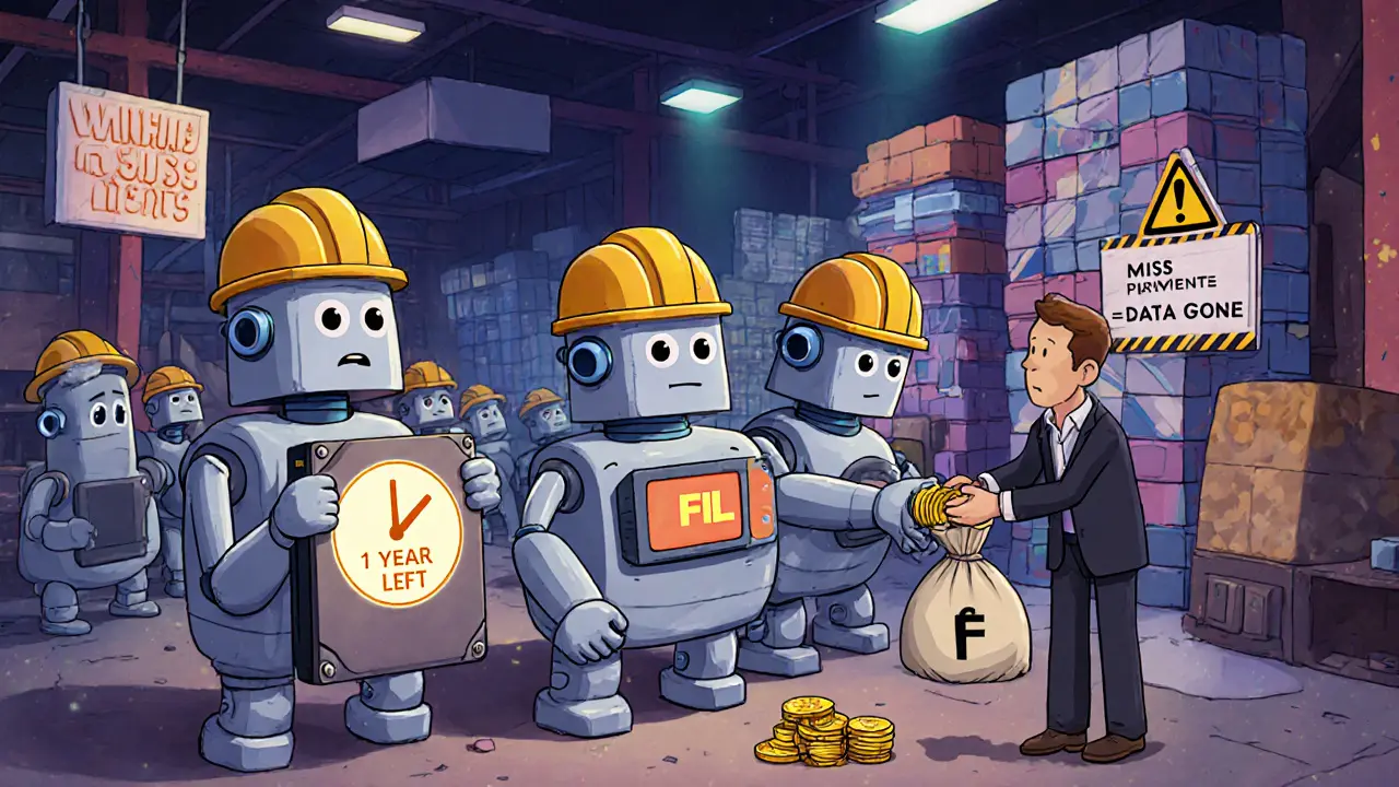 Friendly mining robots in a marketplace exchange Filecoin coins for data storage, with a timer warning of expiration.