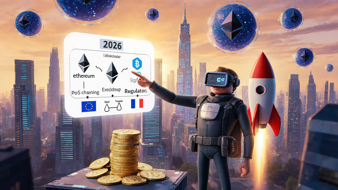 Futuristic crypto city with validator skyscrapers, a rocket, and a guide pointing to 2026 roadmap.