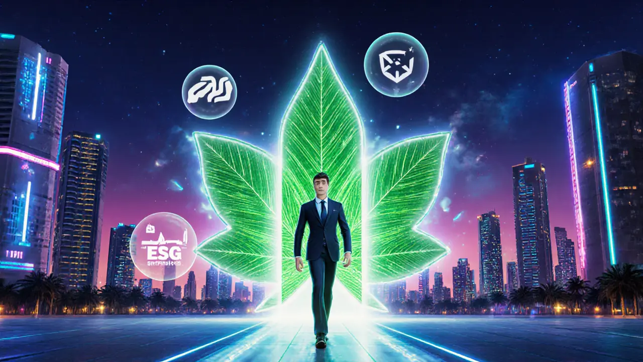 Futuristic scene shows entrepreneur stepping through a green portal toward emerging crypto hubs.