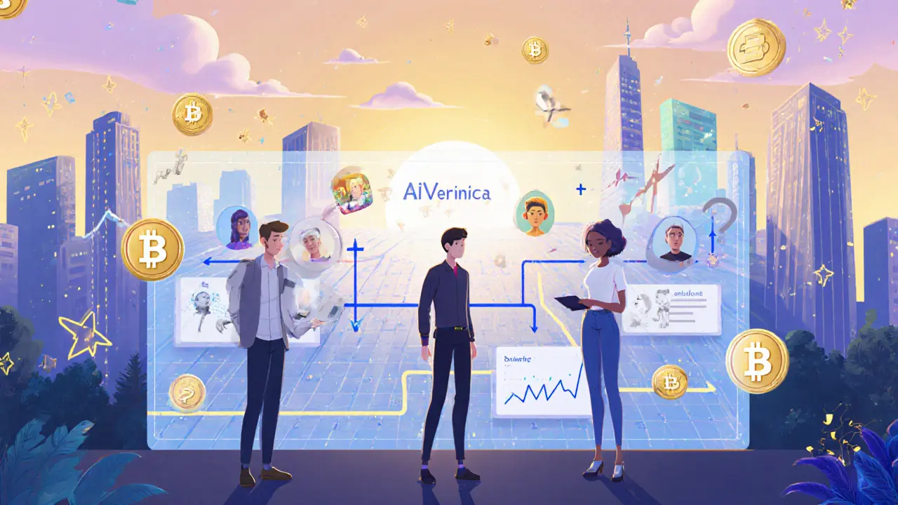 Group looks at holographic roadmap showing AI persona library and marketplace growth.