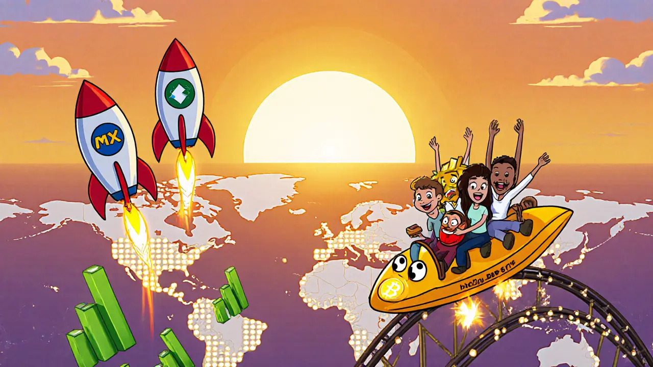 Happy cartoon exchanges launch rockets as traders ride a roller coaster toward a sunrise.