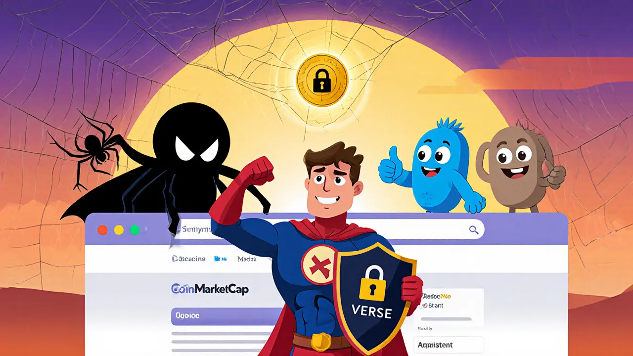 Hero with shield blocks phishing spider while VERSE token glows safely nearby.