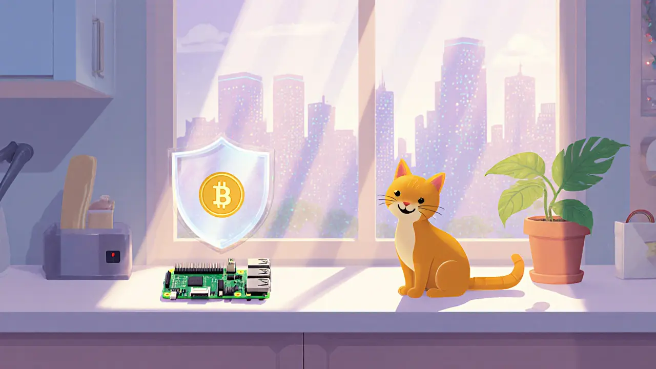 Person setting up a Raspberry Pi Bitcoin node at home with a city of nodes behind.