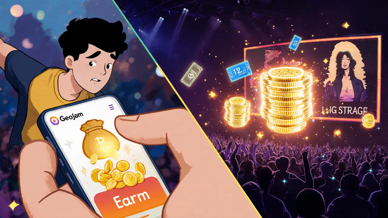 Pixar‑style fan earns glowing JAM tokens while staking them into luminous nodes and sees a backstage pass.