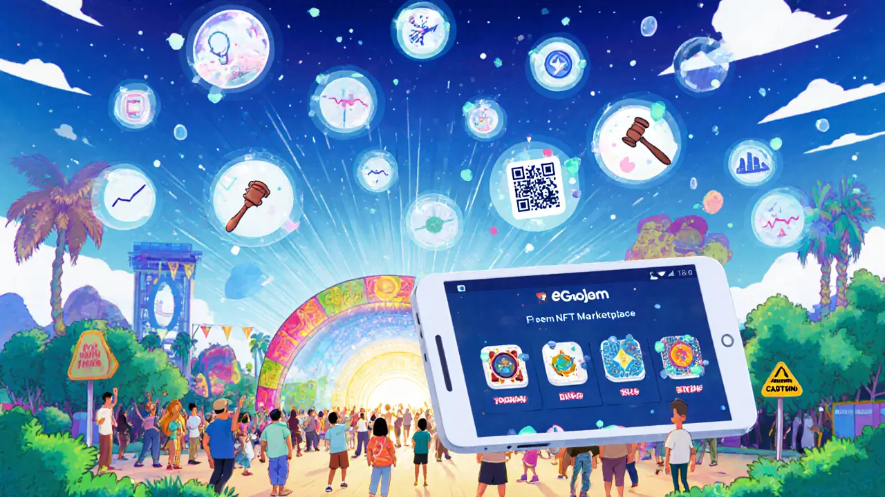 Pixar‑style festival scene with QR gate, NFT marketplace, and subtle risk icons around the Geojam roadmap.