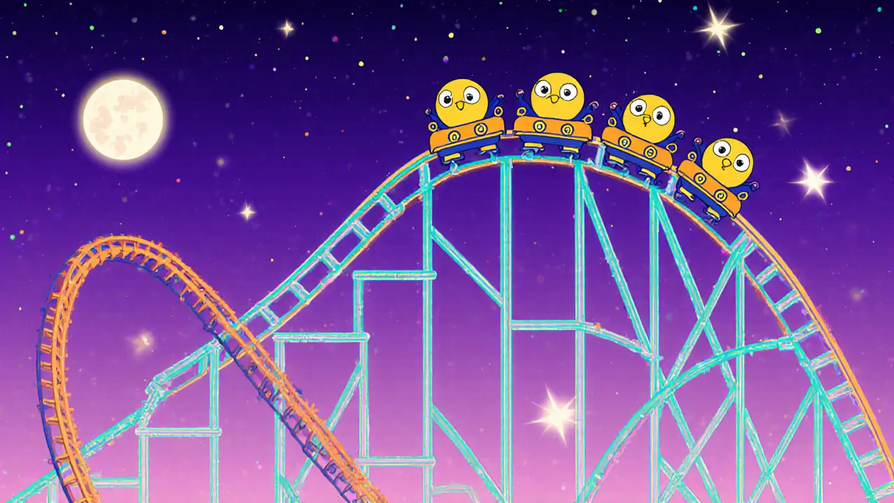 Pixar-style rollercoaster of volatile crypto price line with token passengers.