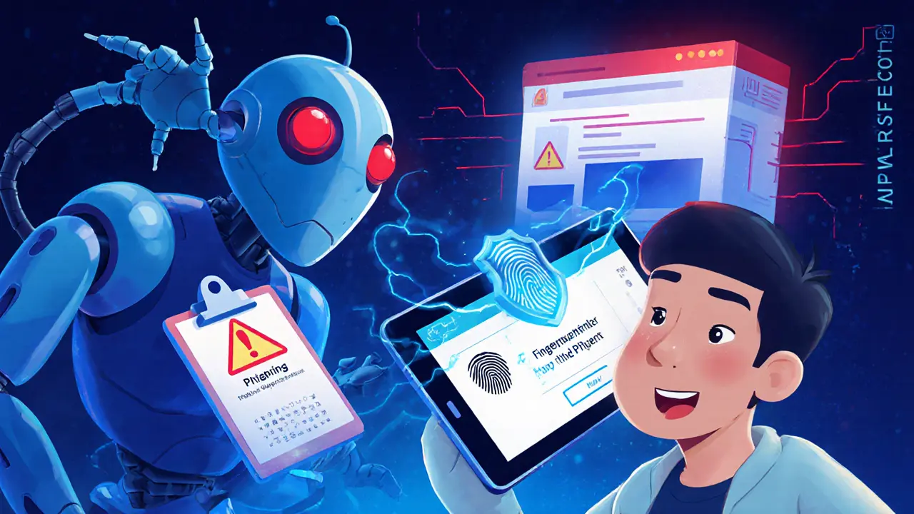 Robotic malware reaching for a tablet wallet while user activates fingerprint lock.