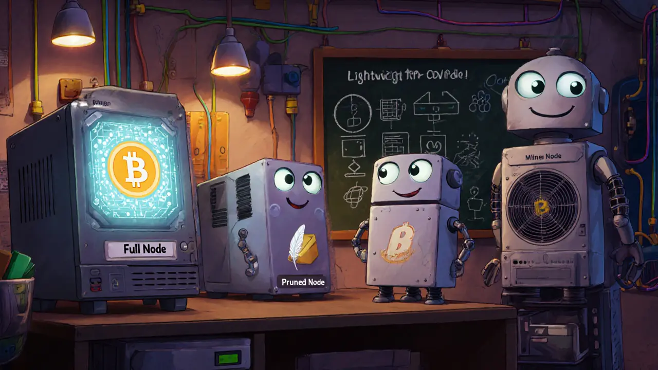 Robots in a lab operating full, pruned, lightweight, and miner Bitcoin nodes.