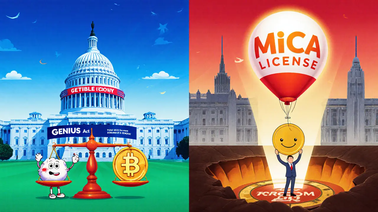 Split scene shows US GENIUS Act with a struggling stablecoin and EU MiCA with a thriving EURC.