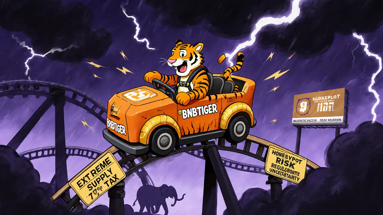 Tiger rides a roller‑coaster cart labeled with risk warnings, soaring over stormy clouds.