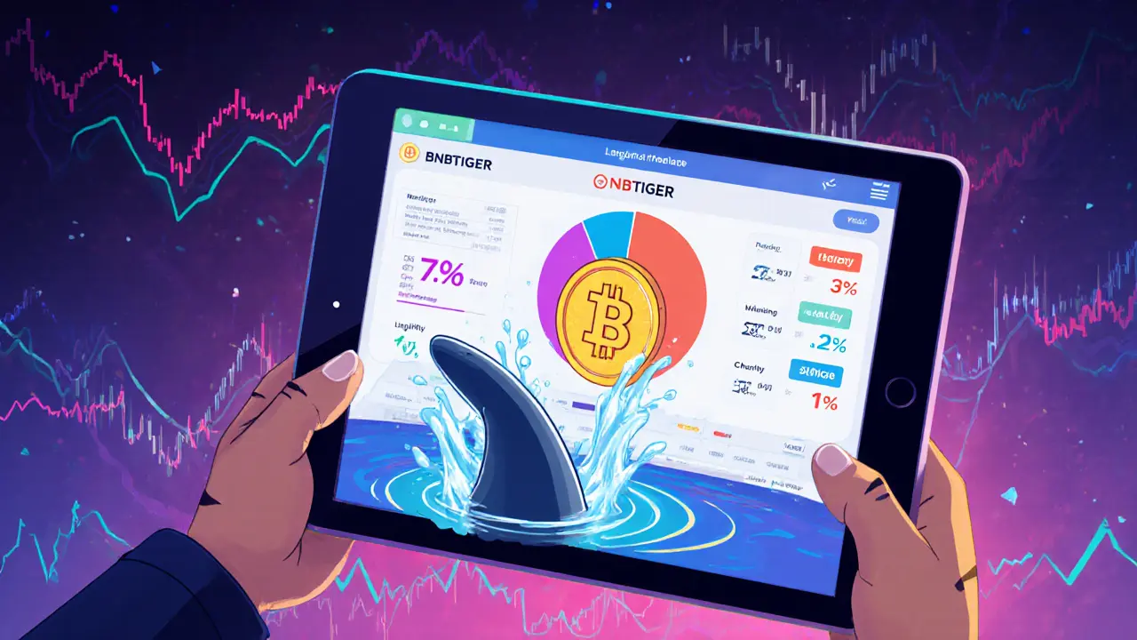 Tiger uses a tablet showing BNBTiger token, tax pie chart, and a whale splashing a thin liquidity pool.