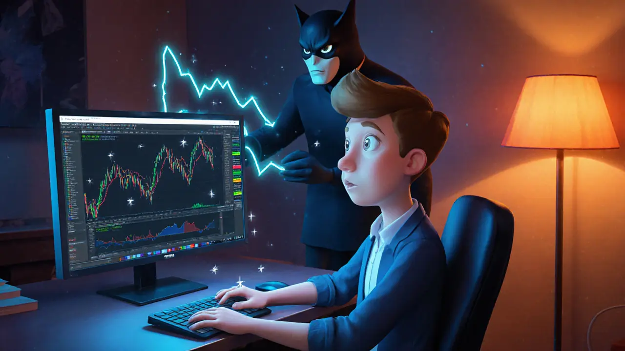 Trader at computer surprised by hidden fees, shadowy figure hints at wash‑trading.