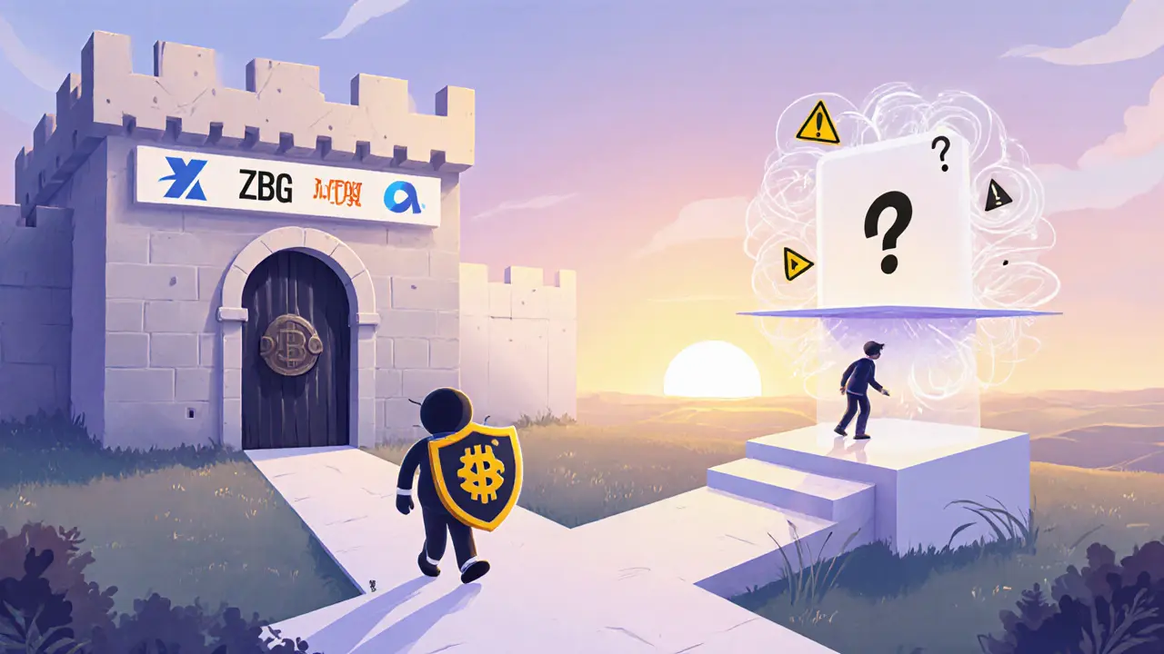 Two characters choose between a strong exchange fortress and a risky ZBG platform.