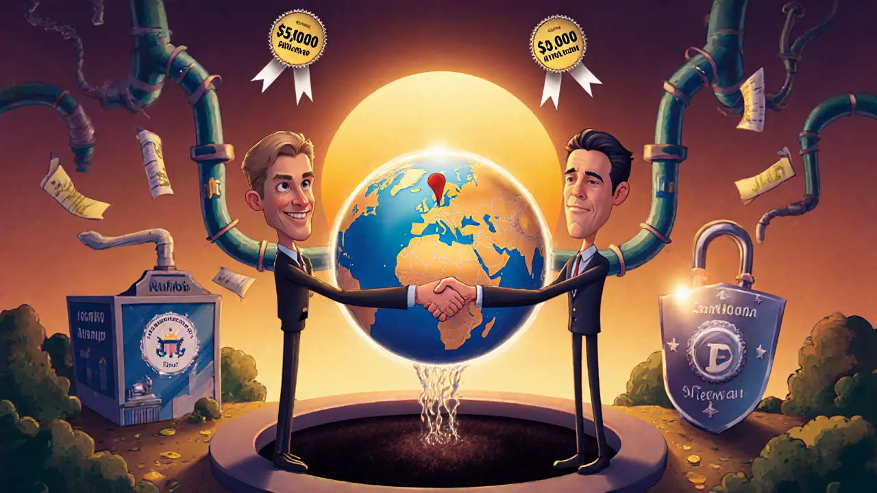 US agents and Treasury official shaking hands over a globe, shielding crypto exchanges from laundering pipelines.