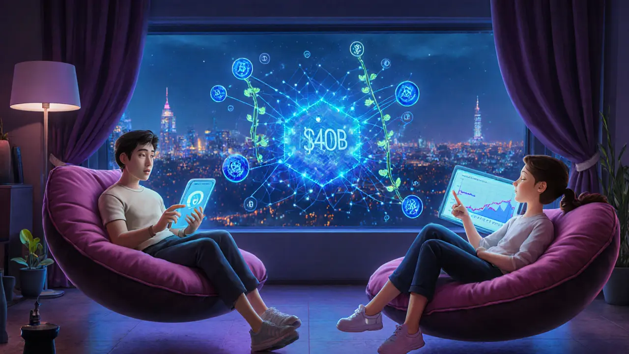 Users relaxing in a futuristic lounge using Bluefin&#039;s interface with staking rewards and Sui blockchain glowing in the background.