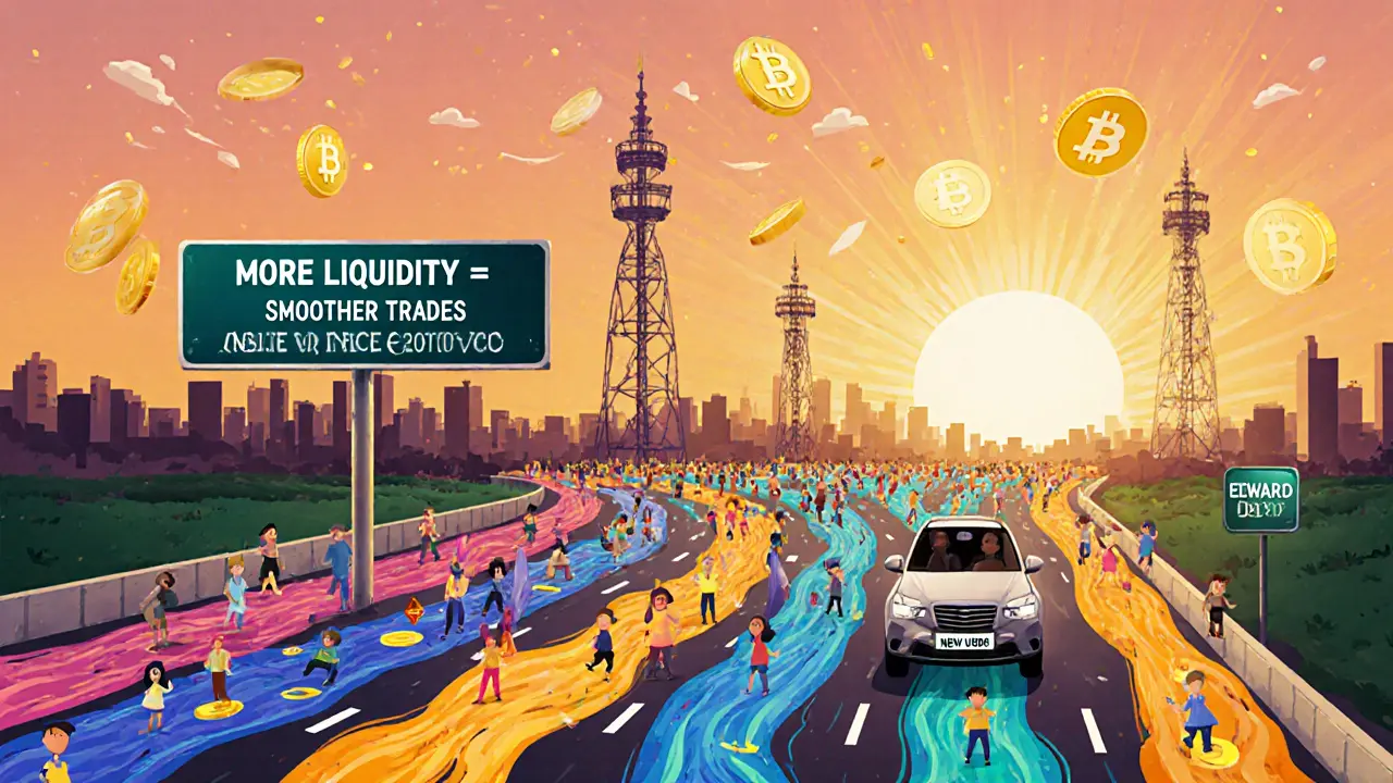 A colorful DeFi highway with smooth lanes of token pairs and users driving past price hazards.