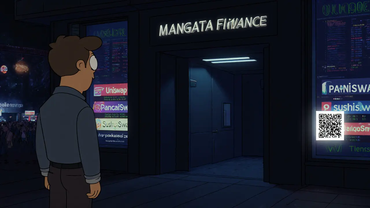A curious trader looks through a keyhole at an empty, sleek Mangata Finance interface, while other popular DEXes shine brightly outside.