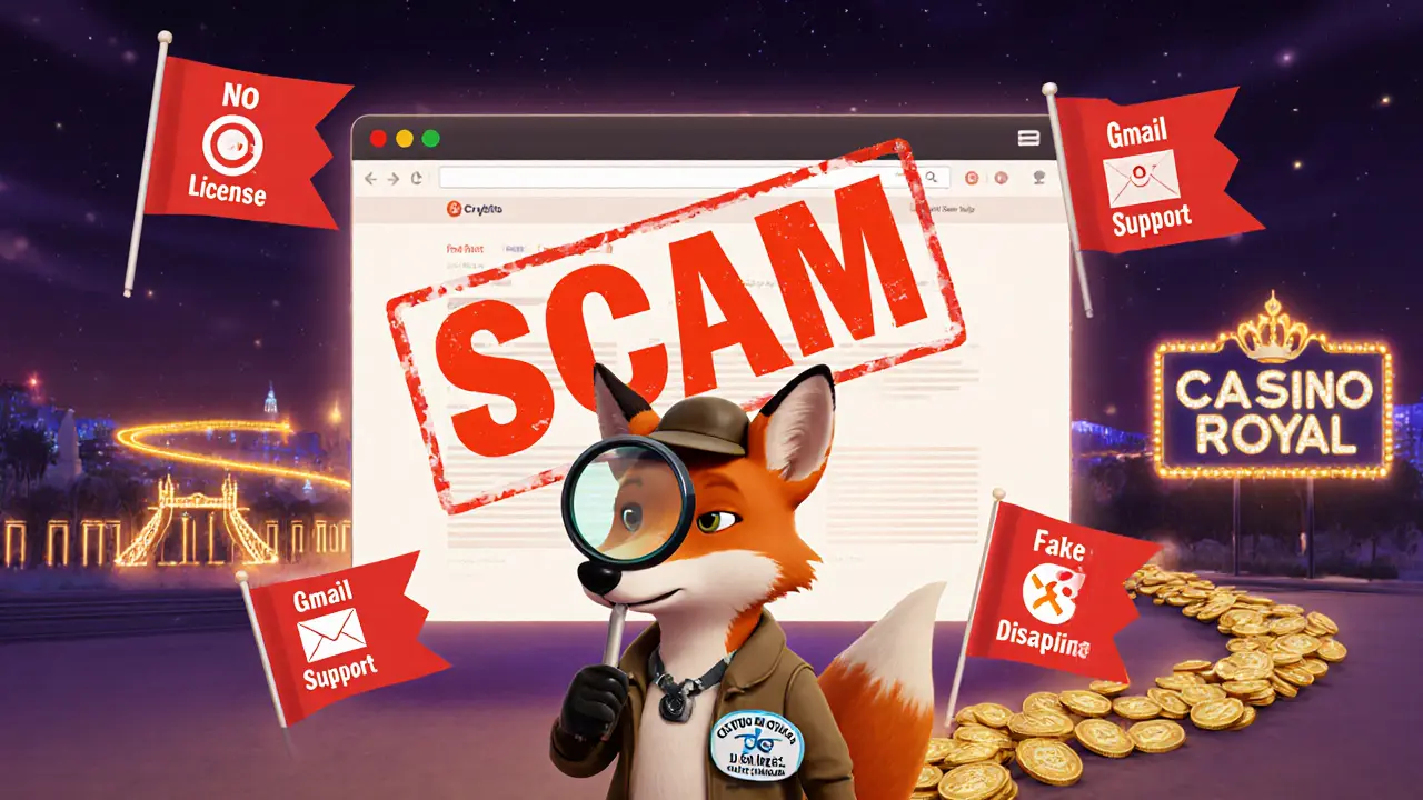 A detective fox examines red flags of a crypto scam, with warning icons floating around a fake website.