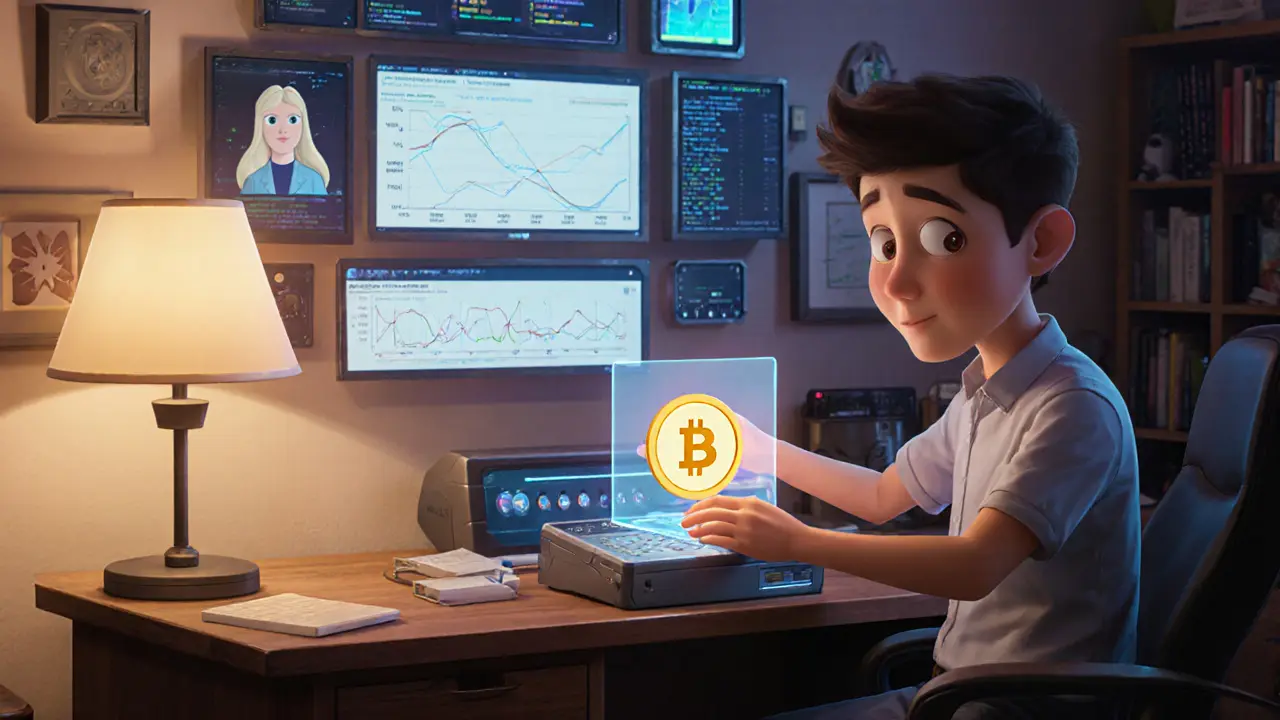 A developer placing a UB token into a console that activates a holographic AI assistant with memory screens behind.