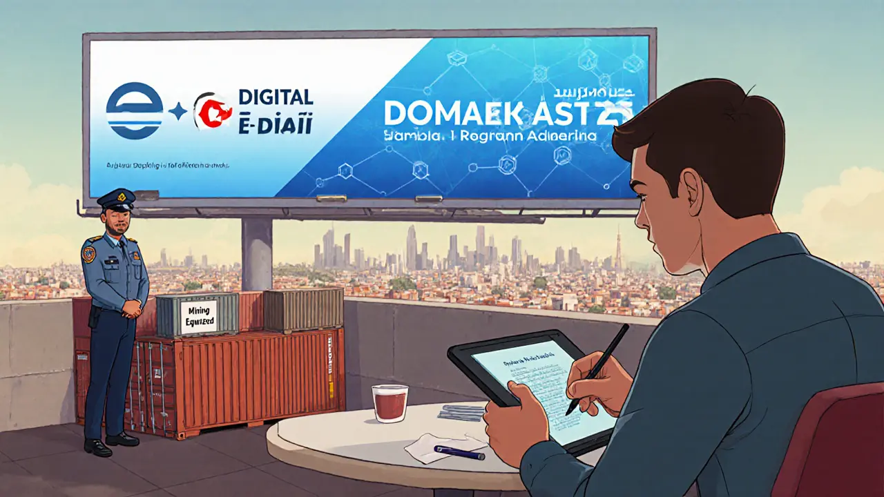 A developer works on legal blockchain tech while a hidden Bitcoin icon glows under a napkin.