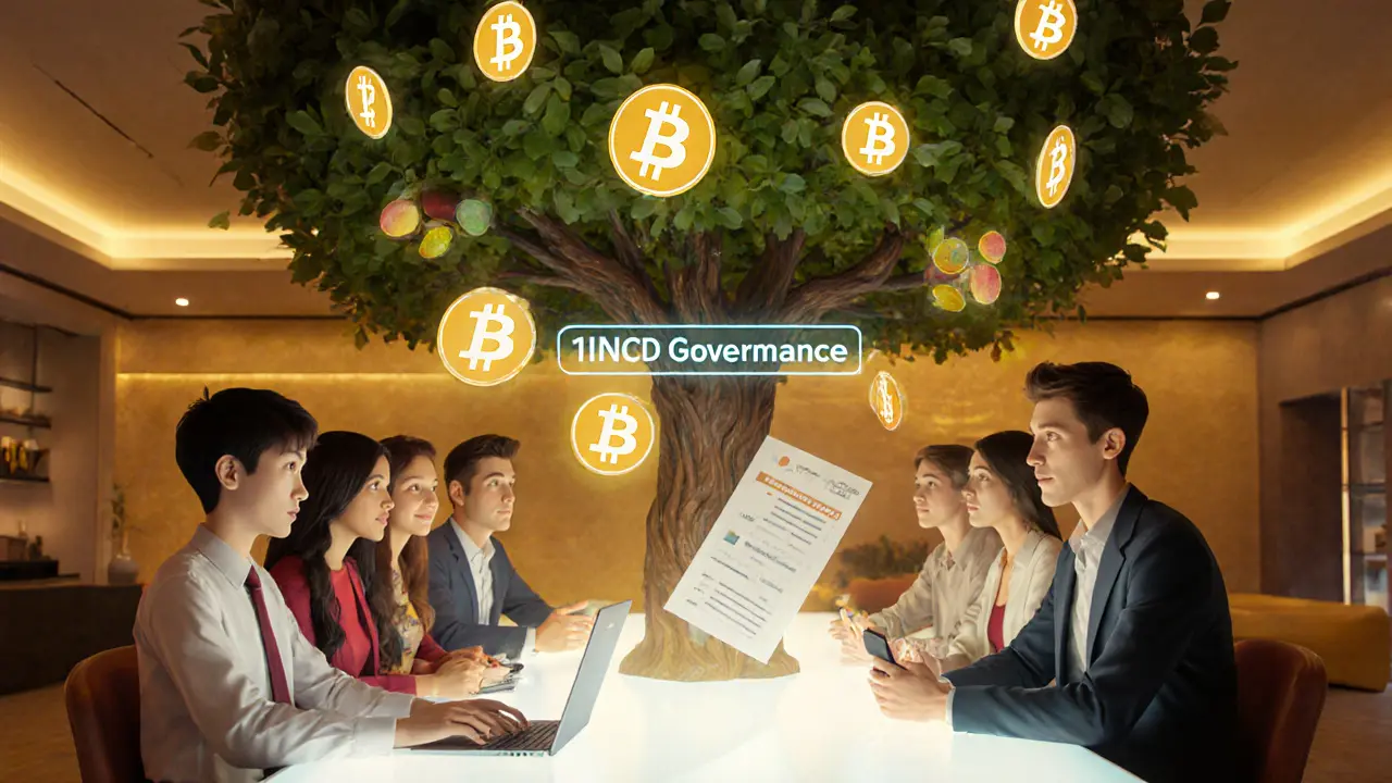 A diverse group of users at a glowing table with a holographic 1inch interface and a blockchain tree above, with 1INCH tokens floating like fruit.