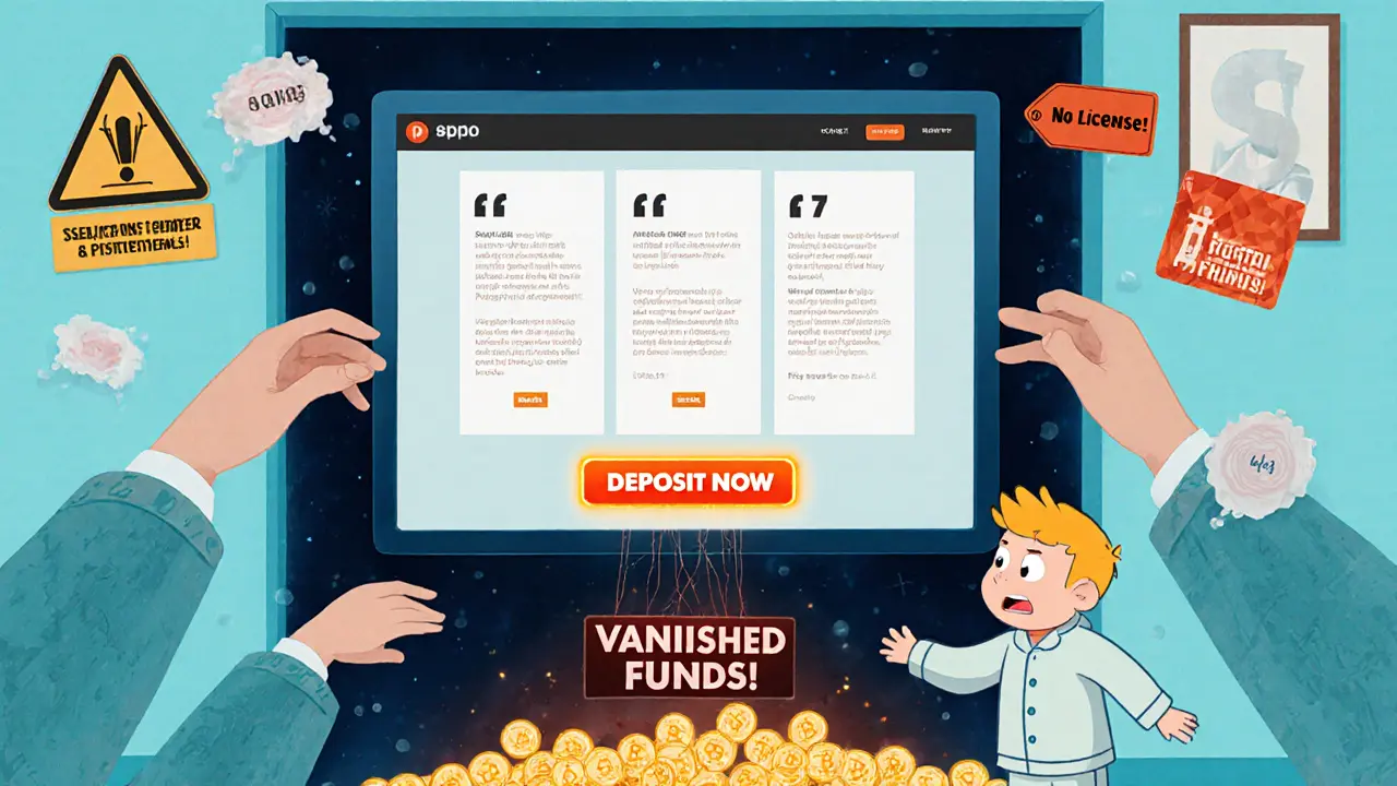 A fake crypto website pulling coins into a dark vortex, with a helpless person reaching out as warning signs float nearby.