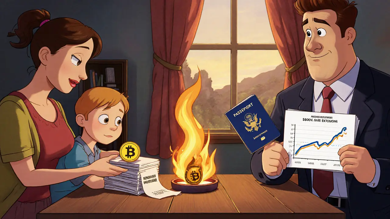 A family gifting crypto while a passport is stamped, with a tax advisor showing exclusion limits.