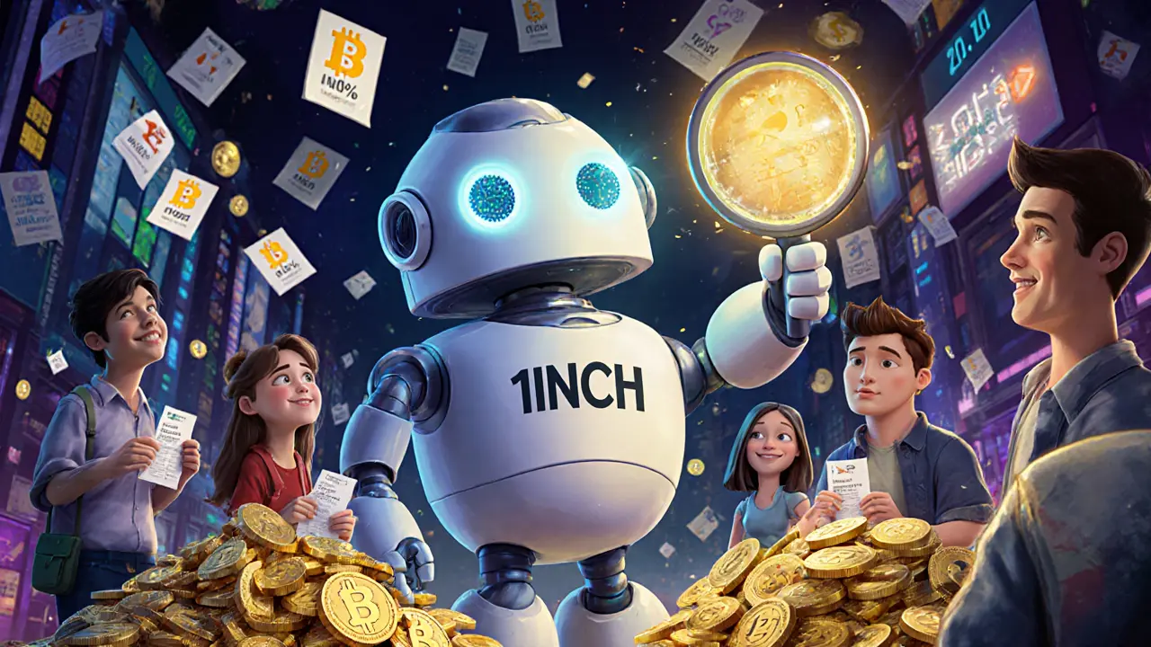 A friendly robot scanning a marketplace of crypto price tags, creating a golden trade route while a CHI gas token glows in its pocket.