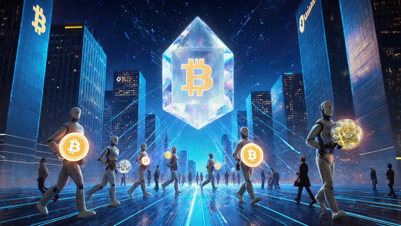 A futuristic city with AI agents walking on data streams beneath a giant crystalline Unibase memory layer.